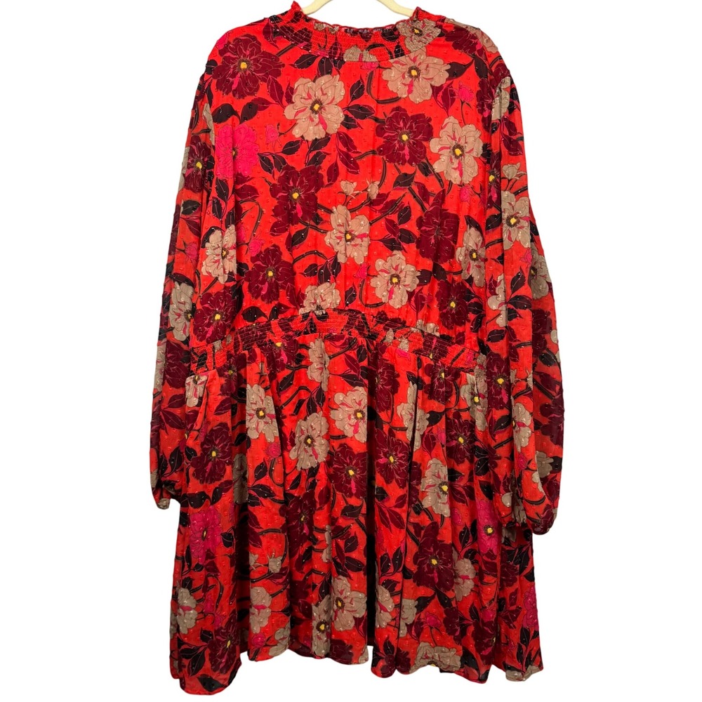 Torrid 5 /5X Red Floral Smock Dress Mini Clip Dot Blouson Sleeve Boho Plus Size